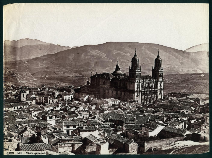 Vista de la Catedral de Jaén. Positivo a la albúmina de J. Laurent. Colección de fotografía antigua del Museo Nacional de Artes Decorativas. Accesible en Colecciones en red https://ceres.mcu.es/